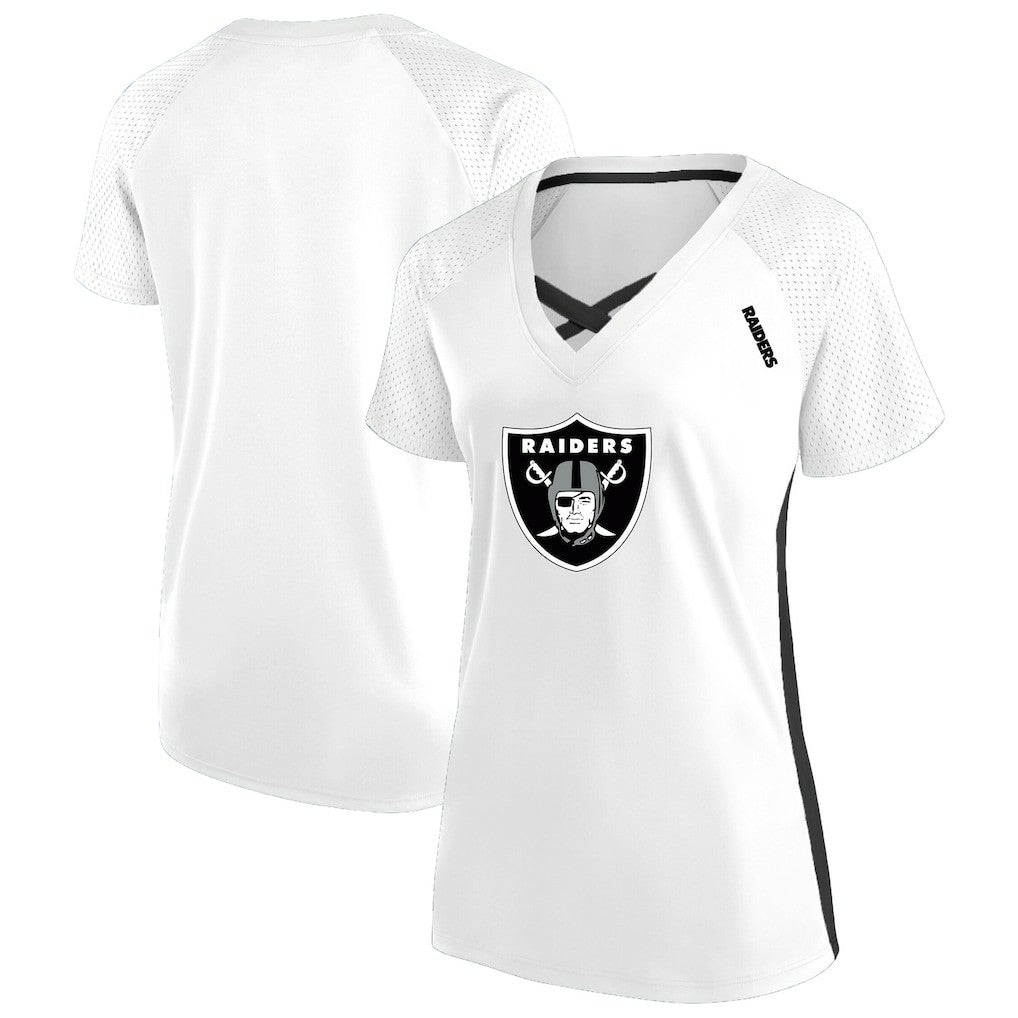 Las Vegas Raiders Women's Plus Size Glitter Lace-Up V- Neck T-Shirt - White for sale
