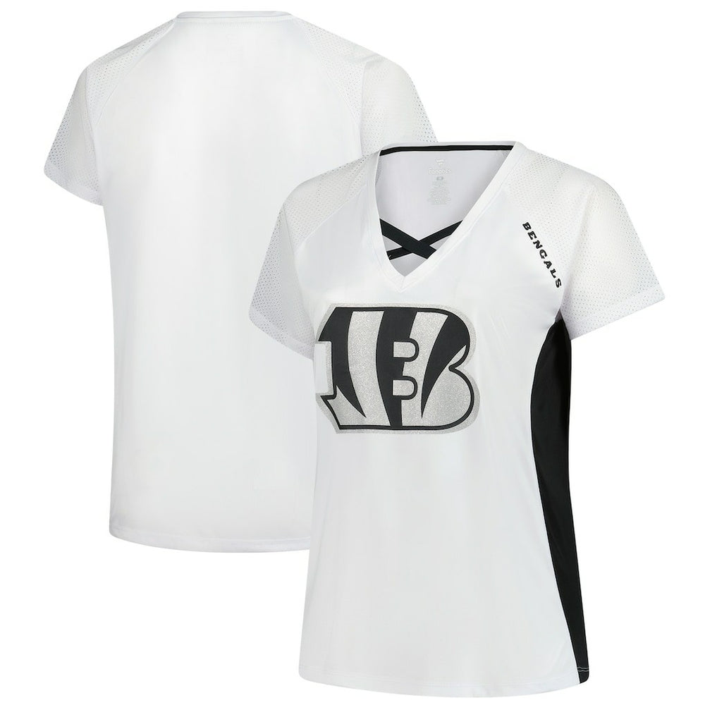 Cincinnati Bengals Women's Plus Size Glitter Lace-Up V- Neck T-Shirt - White on sale