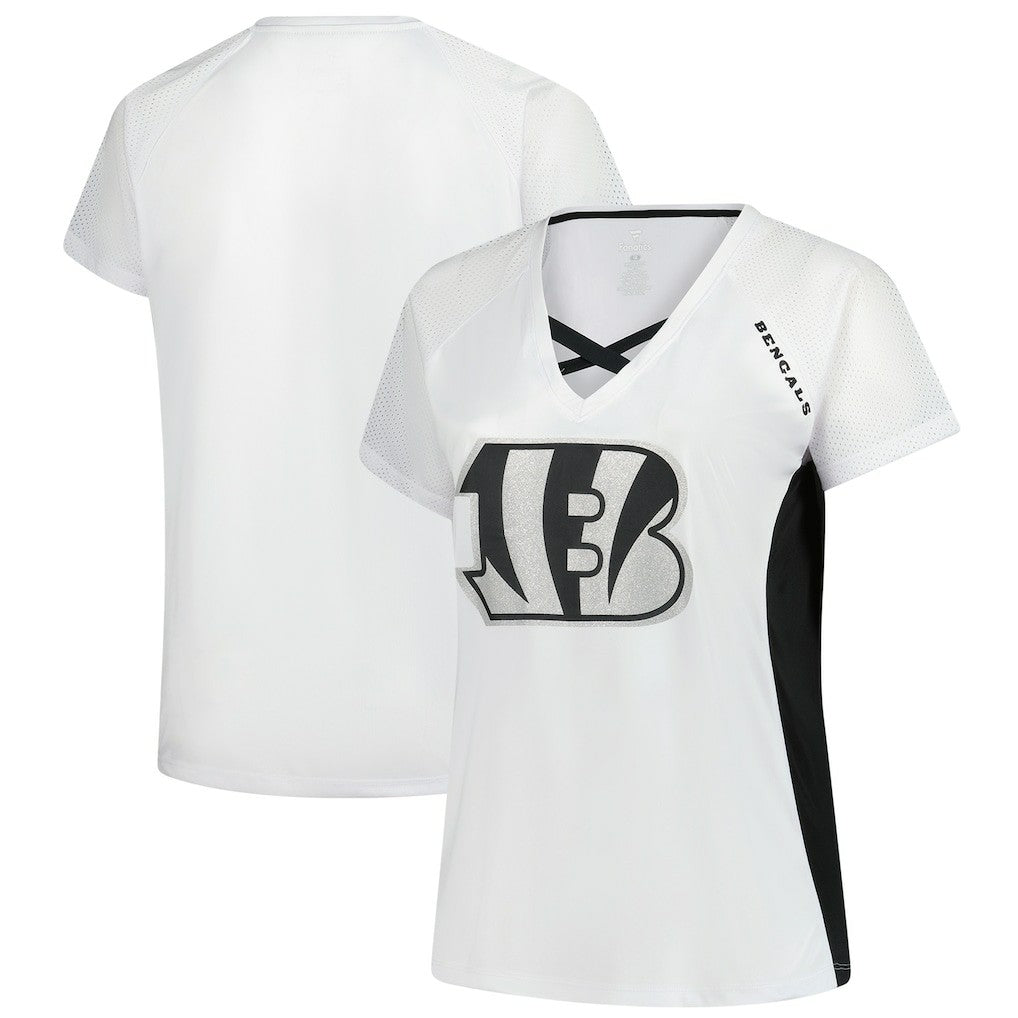 Cincinnati Bengals Women's Plus Size Glitter Lace-Up V- Neck T-Shirt - White on sale