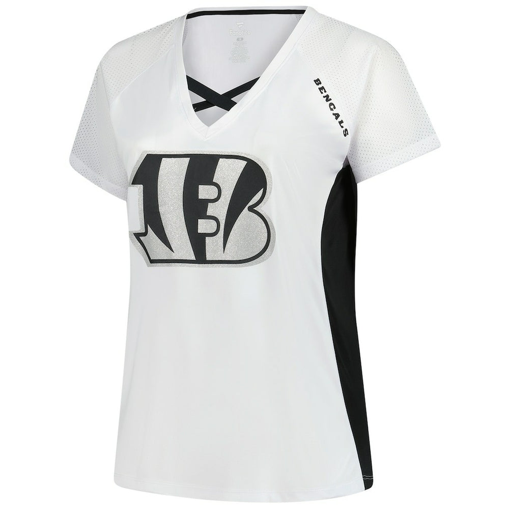 Cincinnati Bengals Women's Plus Size Glitter Lace-Up V- Neck T-Shirt - White on sale