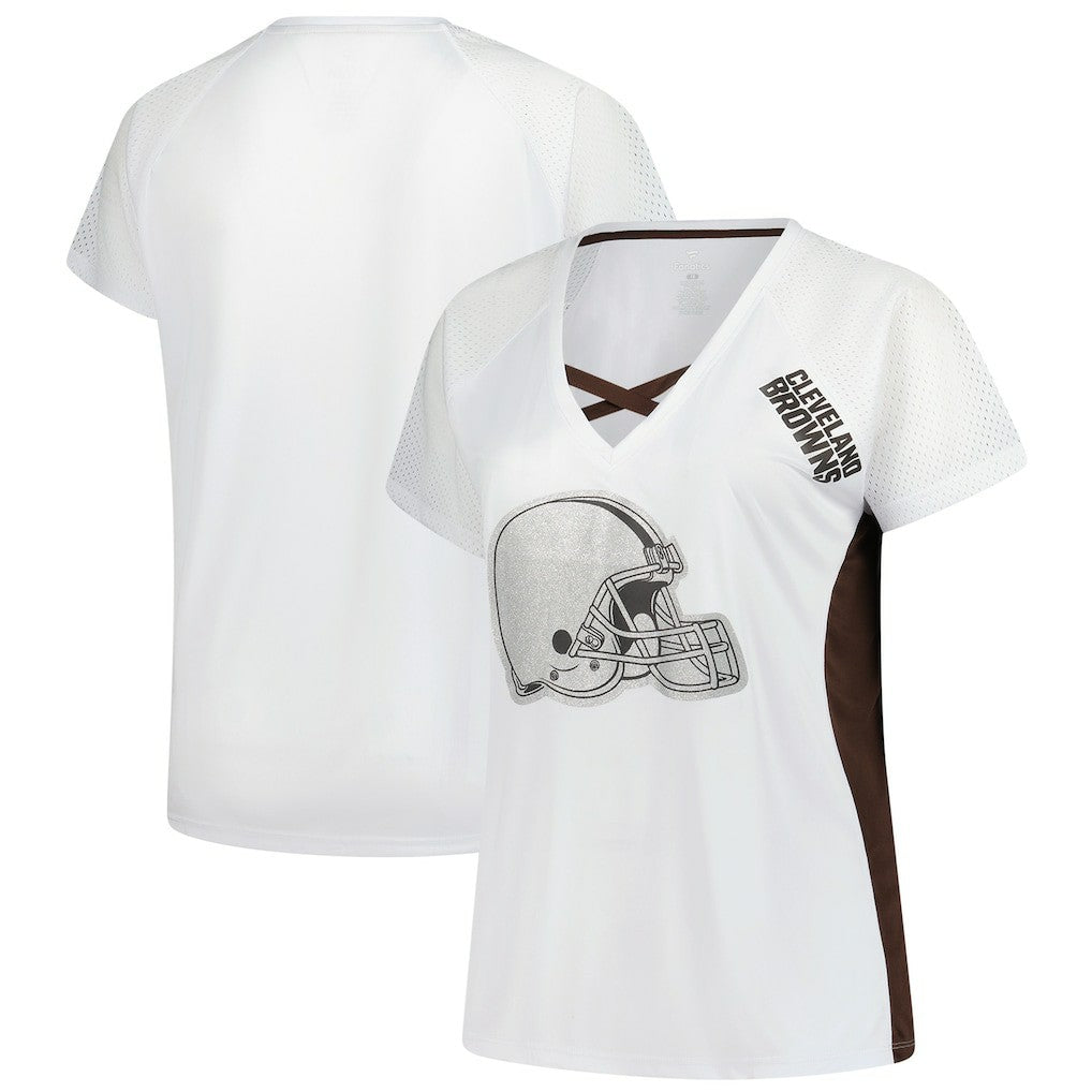 Cleveland Browns Women's Plus Size Glitter Lace-Up V- Neck T-Shirt - White on sale