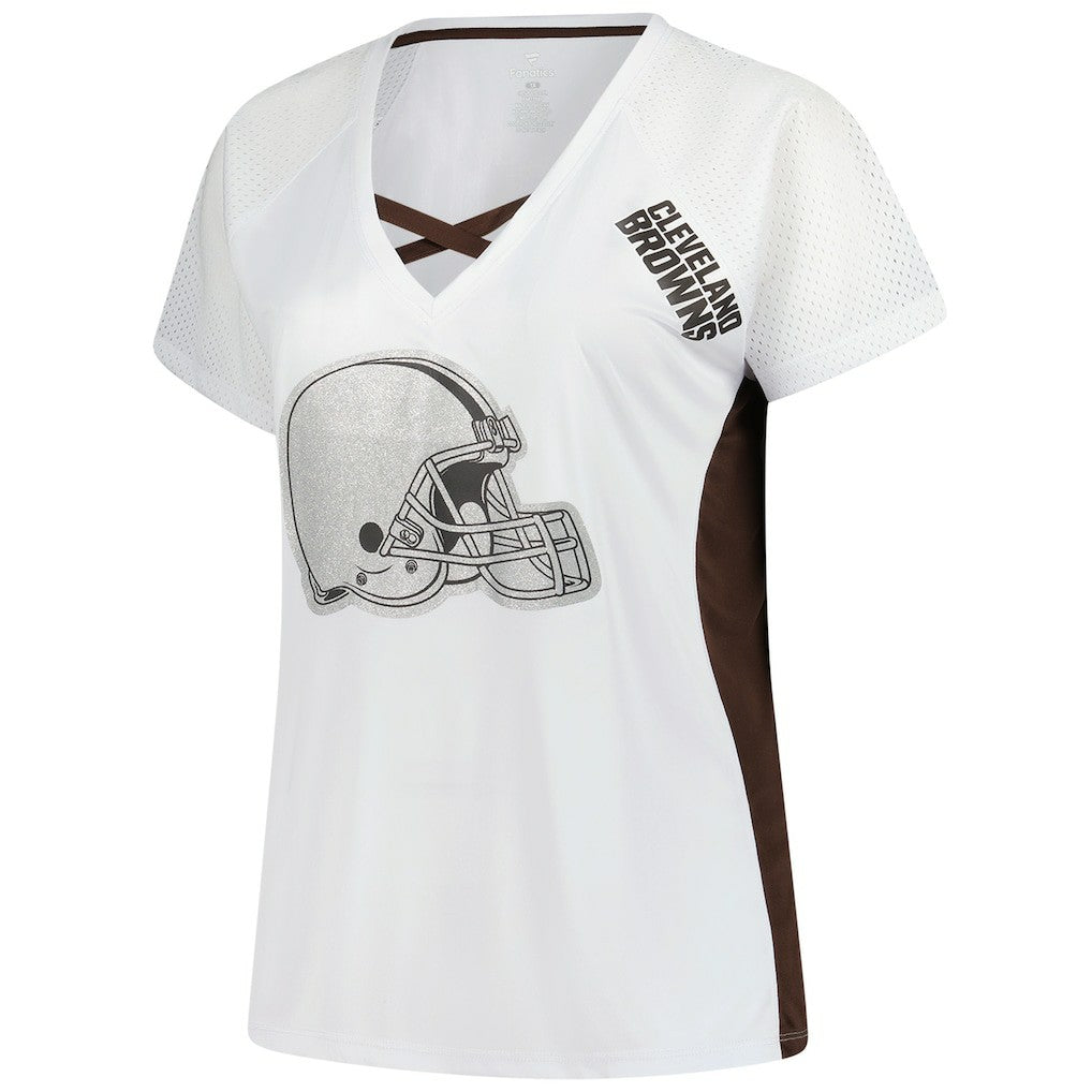 Cleveland Browns Women's Plus Size Glitter Lace-Up V- Neck T-Shirt - White on sale