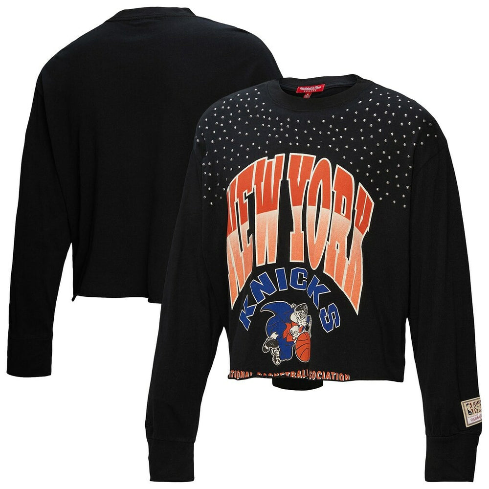 New York Knicks Women's Hardwood Classics Studded Boxy Cropped Long Sleeve T-Shirt - Black on sale