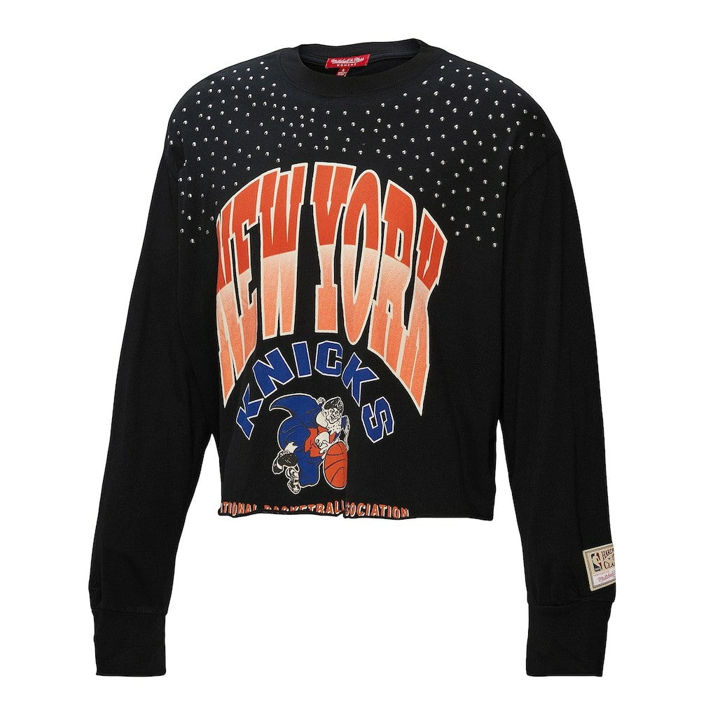 New York Knicks Women's Hardwood Classics Studded Boxy Cropped Long Sleeve T-Shirt - Black on sale