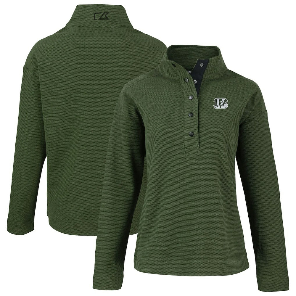 Cincinnati Bengals Cutter & Buck Women's Hunts Point Eco Half-Snap Sweatshirt - Green for sale