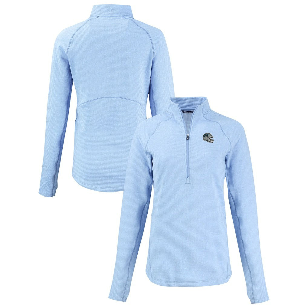 Carolina Panthers Cutter & Buck Women's Peshastin Eco Fleece Recycled Tri-Blend Raglan Half-Zip Jacket - Heather Light Blue on sale