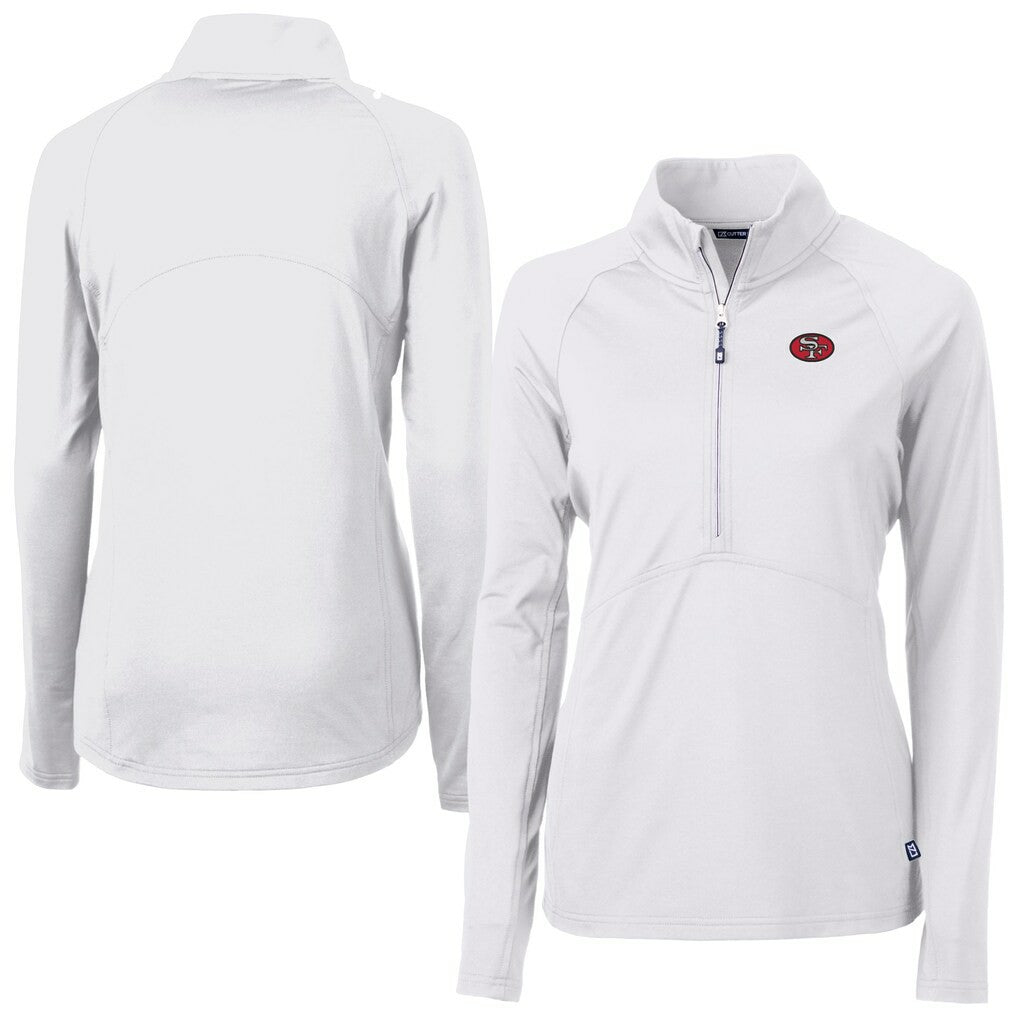 San Francisco 49ers Cutter & Buck Women's Adapt Eco Knit Stretch Recycled Raglan Half-Zip Top - White on sale