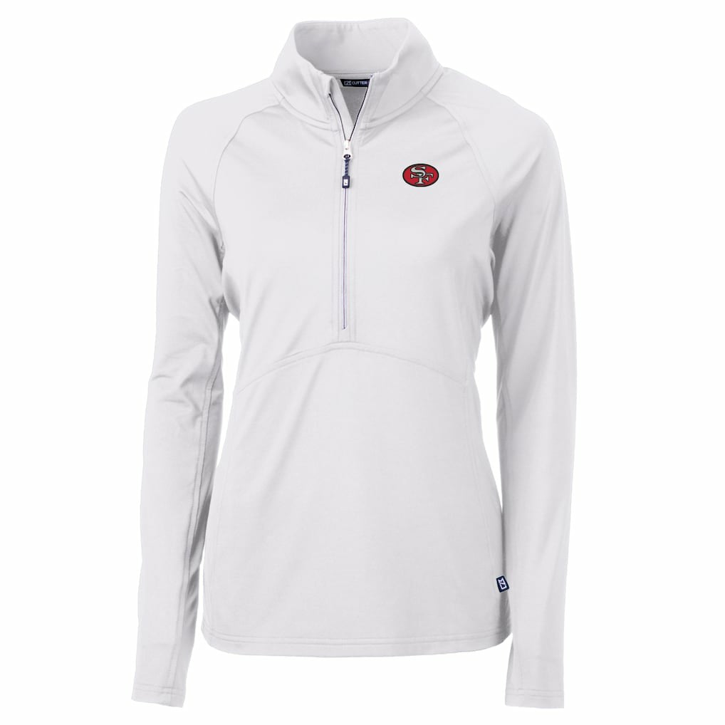 San Francisco 49ers Cutter & Buck Women's Adapt Eco Knit Stretch Recycled Raglan Half-Zip Top - White on sale
