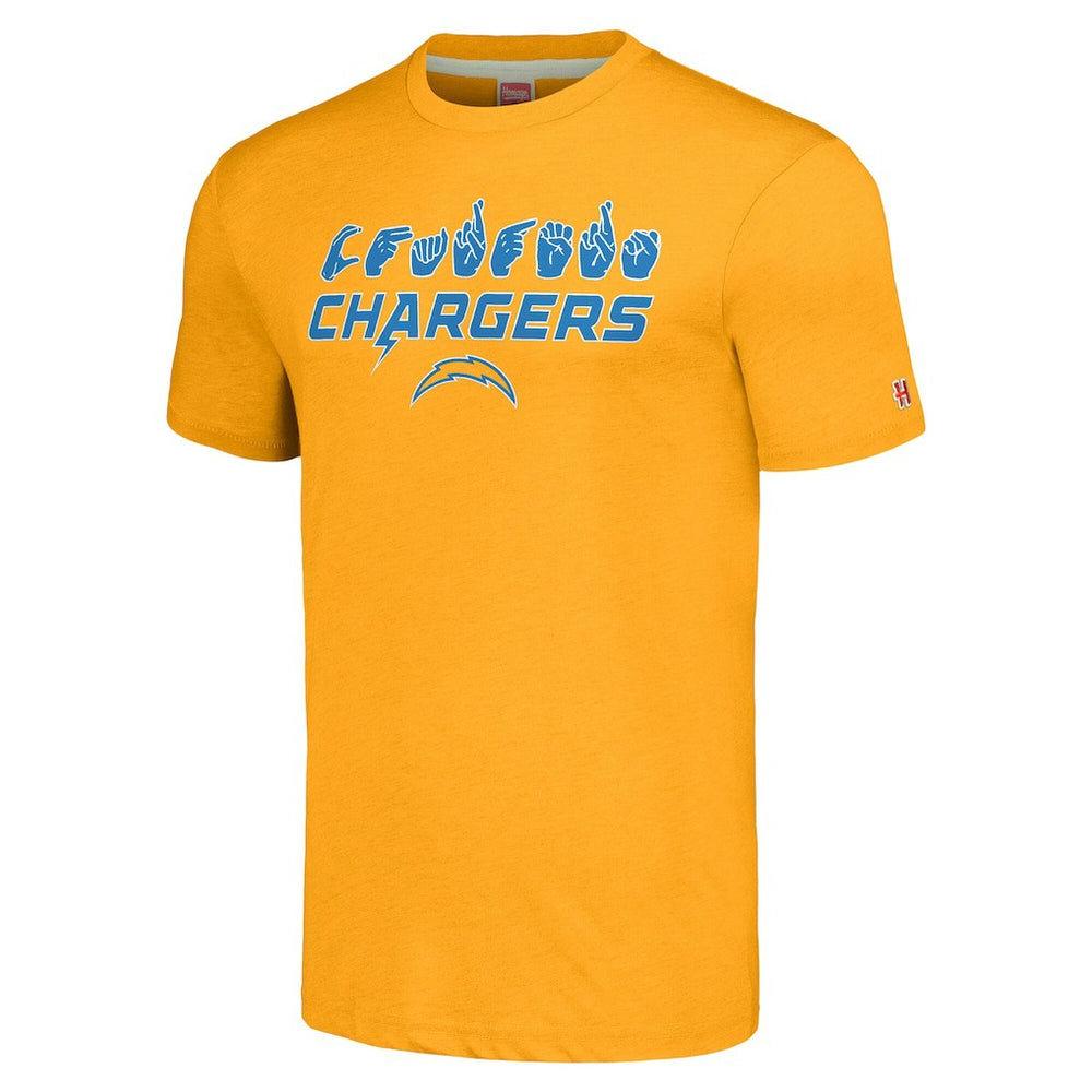 Los Angeles Chargers Homage Unisex The NFL ASL Collection by Love Sign American Sign Language T-Shirt - Gold cheap
