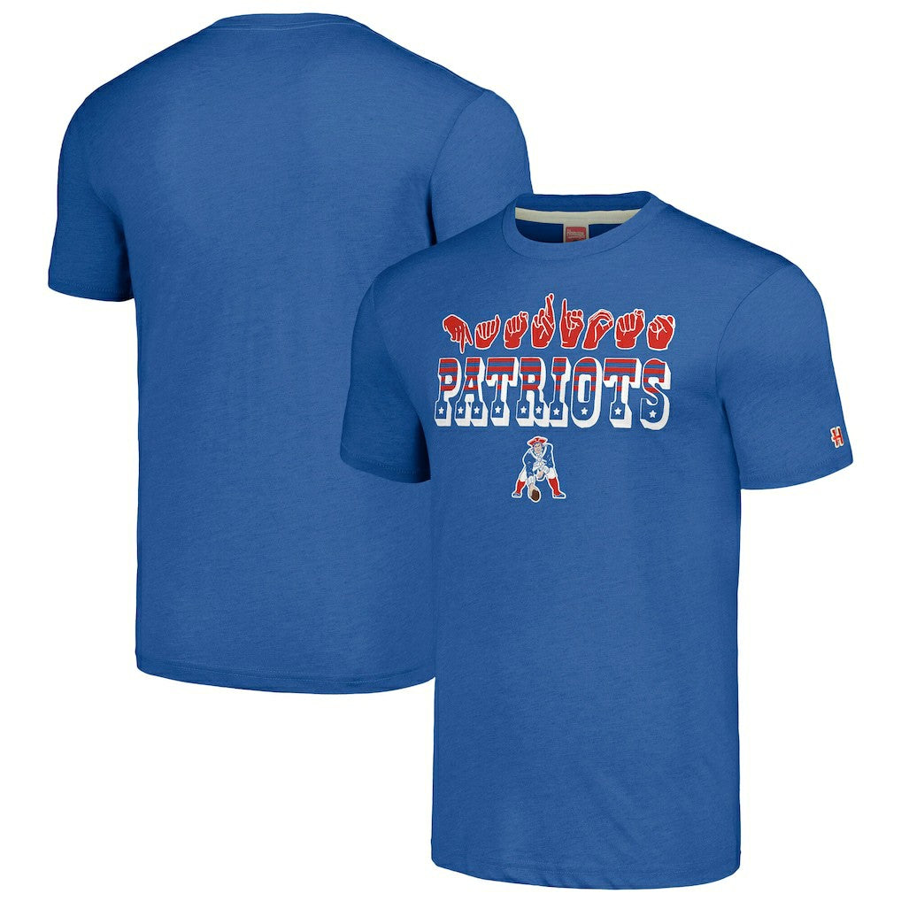 New England Patriots Homage Unisex The NFL ASL Collection by Love Sign American Sign Language T-Shirt - Blue on sale