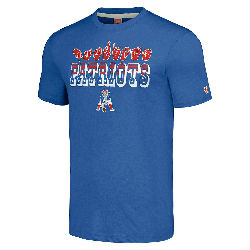 New England Patriots Homage Unisex The NFL ASL Collection by Love Sign American Sign Language T-Shirt - Blue on sale