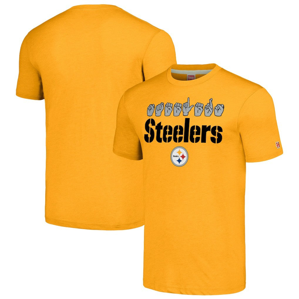 Pittsburgh Steelers Homage Unisex The NFL ASL Collection by Love Sign American Sign Language T-Shirt - Gold cheap