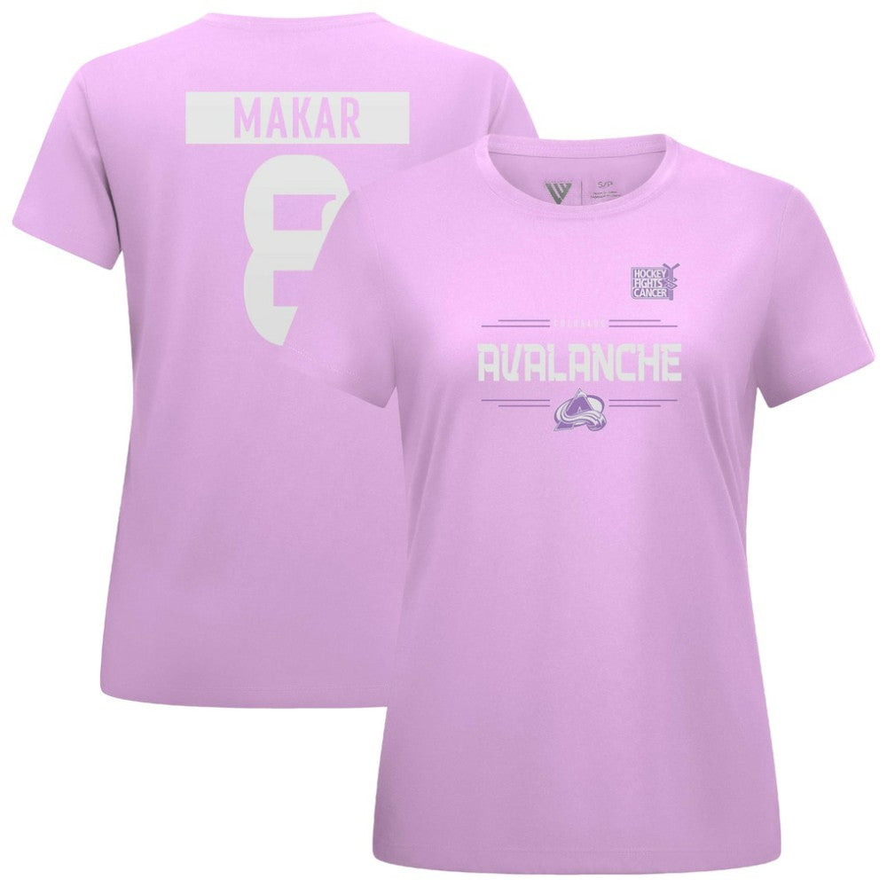 Cale Makar Colorado Avalanche Levelwear Women's Hockey Fights Cancer Anthem Name & Number T-Shirt - Lavender T-shirts