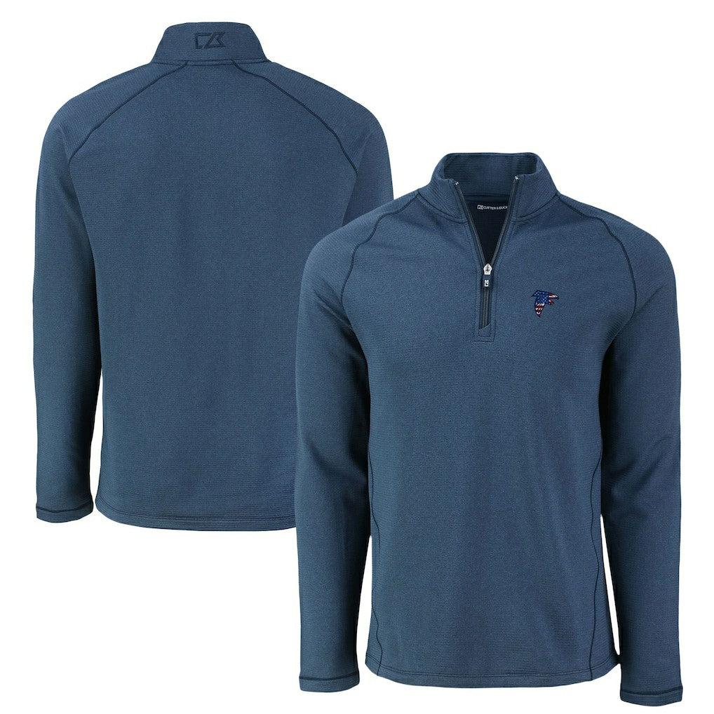 Atlanta Falcons Cutter & Buck Peshastin Eco Fleece Tri-Blend Raglan Recycled Quarter-Zip Jacket - Heather Navy on sale