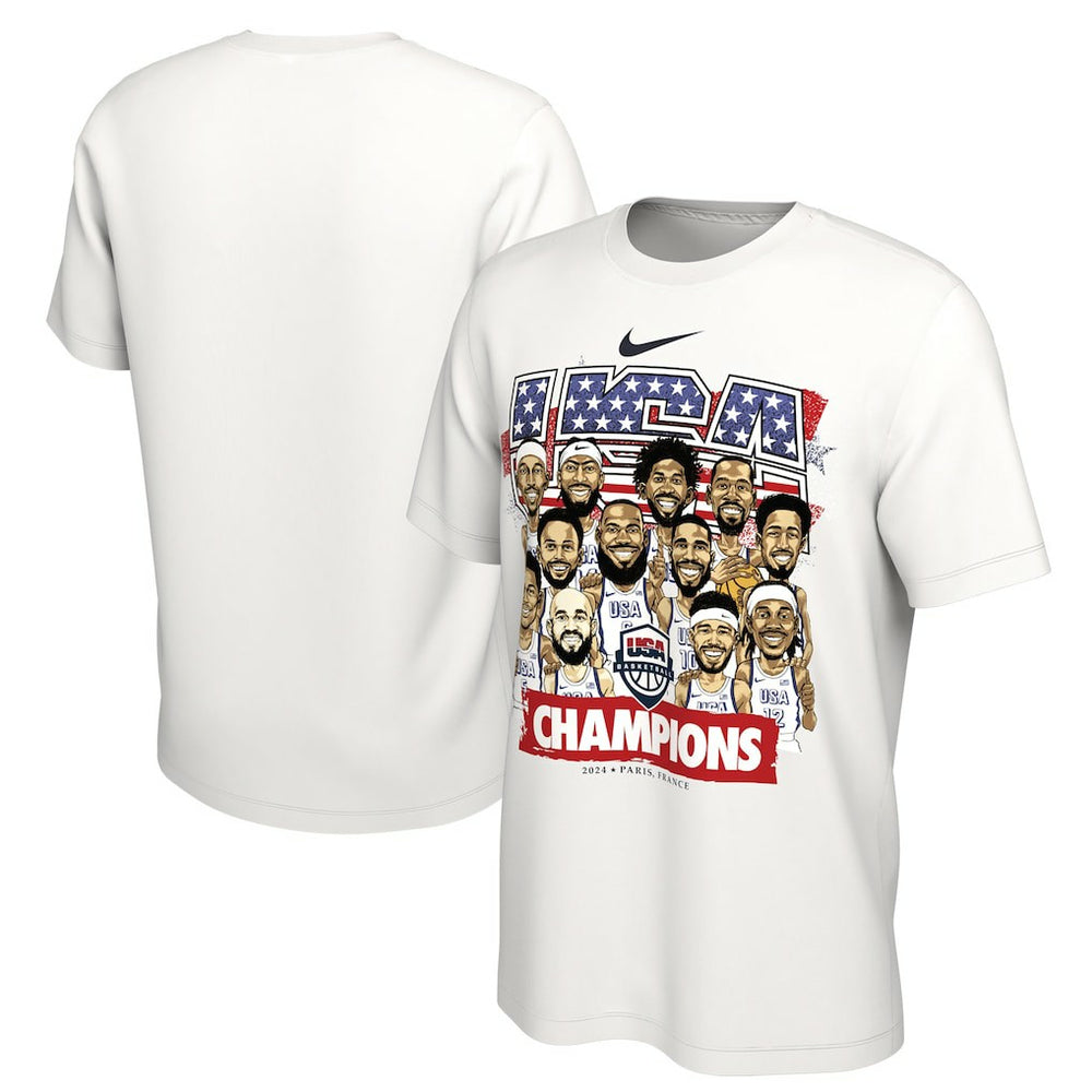 USA Men's Basketball Unisex 2024 Summer Olympics Gold Medal Team Caricature T-Shirt - White outlet