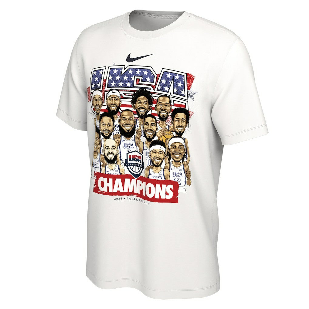 USA Men's Basketball Unisex 2024 Summer Olympics Gold Medal Team Caricature T-Shirt - White outlet