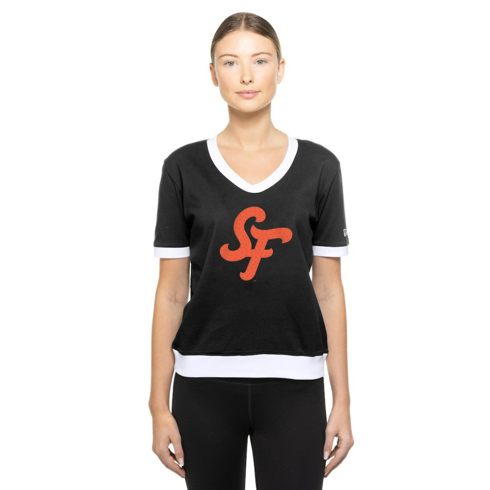 San Francisco Giants Women's 2025 City Connect Rhinestone V-Neck T-Shirt Black