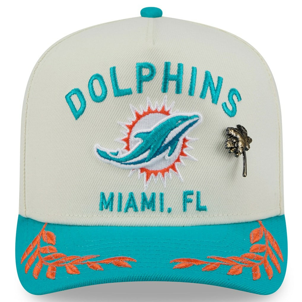 Miami Dolphins New Era 2025 NFL Draft A-Frame 59FIFTY Fitted Hat - Cream/Aqua cheap