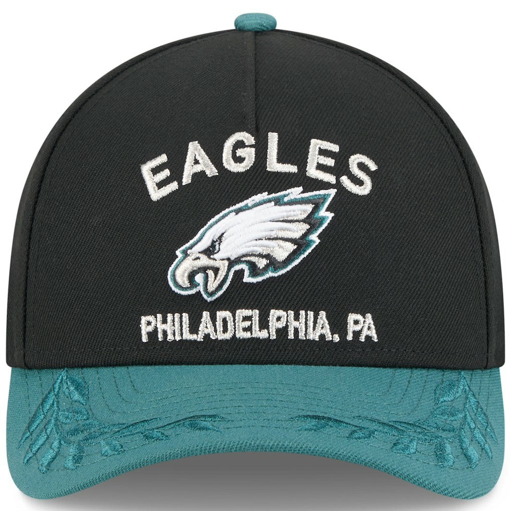 Philadelphia Eagles New Era 2025 NFL Draft 9FORTY A-Frame M-Crown Adjustable Hat - Black/Midnight Green for sale