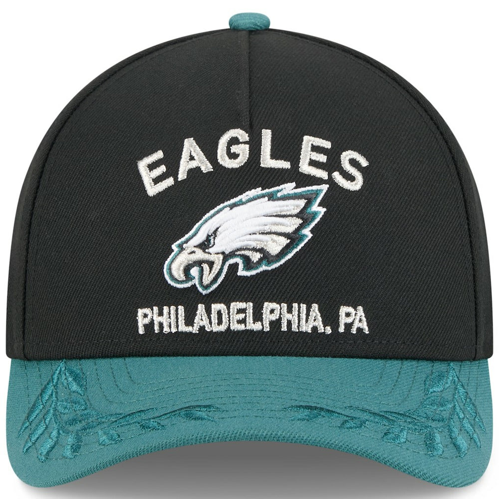 Philadelphia Eagles New Era 2025 NFL Draft 9FORTY A-Frame M-Crown Adjustable Hat - Black/Midnight Green for sale