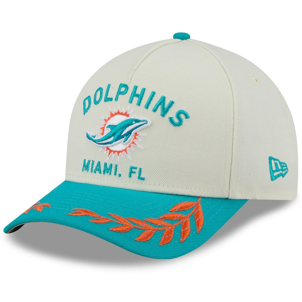 Miami Dolphins New Era 2025 NFL Draft 9FORTY A-Frame M-Crown Adjustable Hat - Cream/Aqua discount
