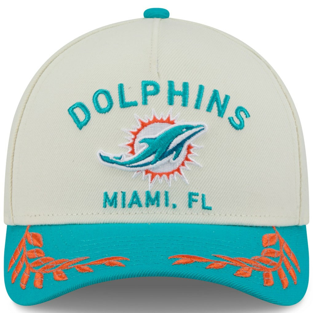 Miami Dolphins New Era 2025 NFL Draft 9FORTY A-Frame M-Crown Adjustable Hat - Cream/Aqua discount