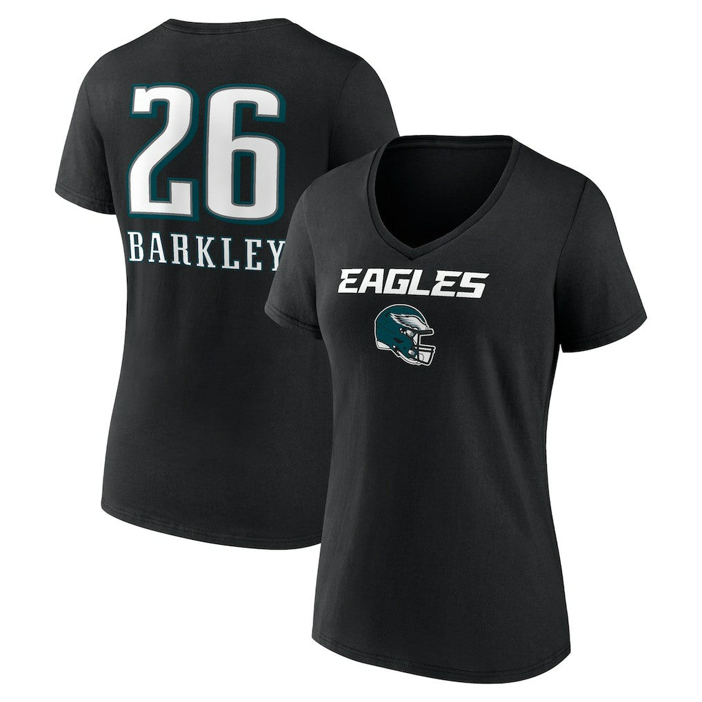 Saquon Barkley Philadelphia Eagles Women's Name & Number Team Wordmark V-Neck T-Shirt - Black on sale