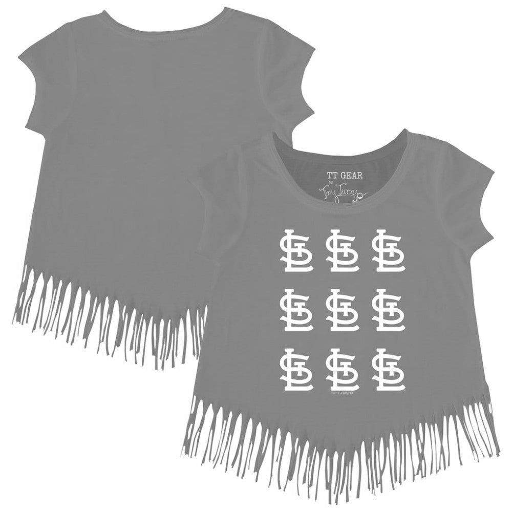 St. Louis Cardinals Tiny Turnip Girls Youth Logo Grid Fringe T-Shirt Gray