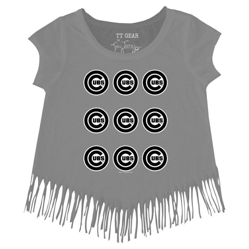 Chicago Cubs Tiny Turnip Girls Youth Logo Grid Fringe T-Shirt Gray