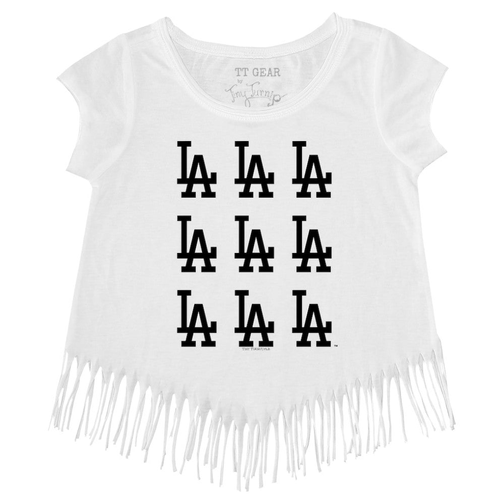 Los Angeles Dodgers Tiny Turnip Girls Youth Logo Grid Fringe T-Shirt White