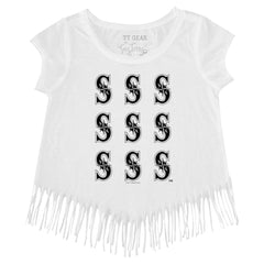 Seattle Mariners Tiny Turnip Girls Youth Logo Grid Fringe T-Shirt White