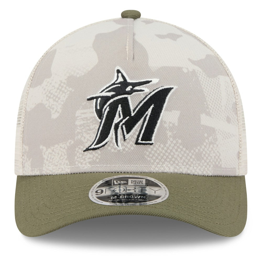 Miami Marlins 2025 Armed Forces Day 9FORTY M-Crown A-Frame Adjustable Hat Light Beige/Olive