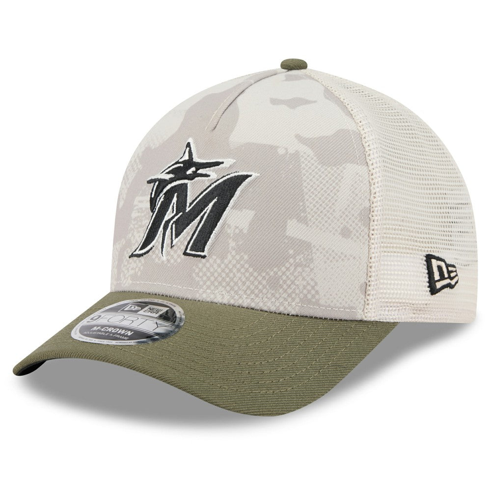 Miami Marlins 2025 Armed Forces Day 9FORTY M-Crown A-Frame Adjustable Hat Light Beige/Olive