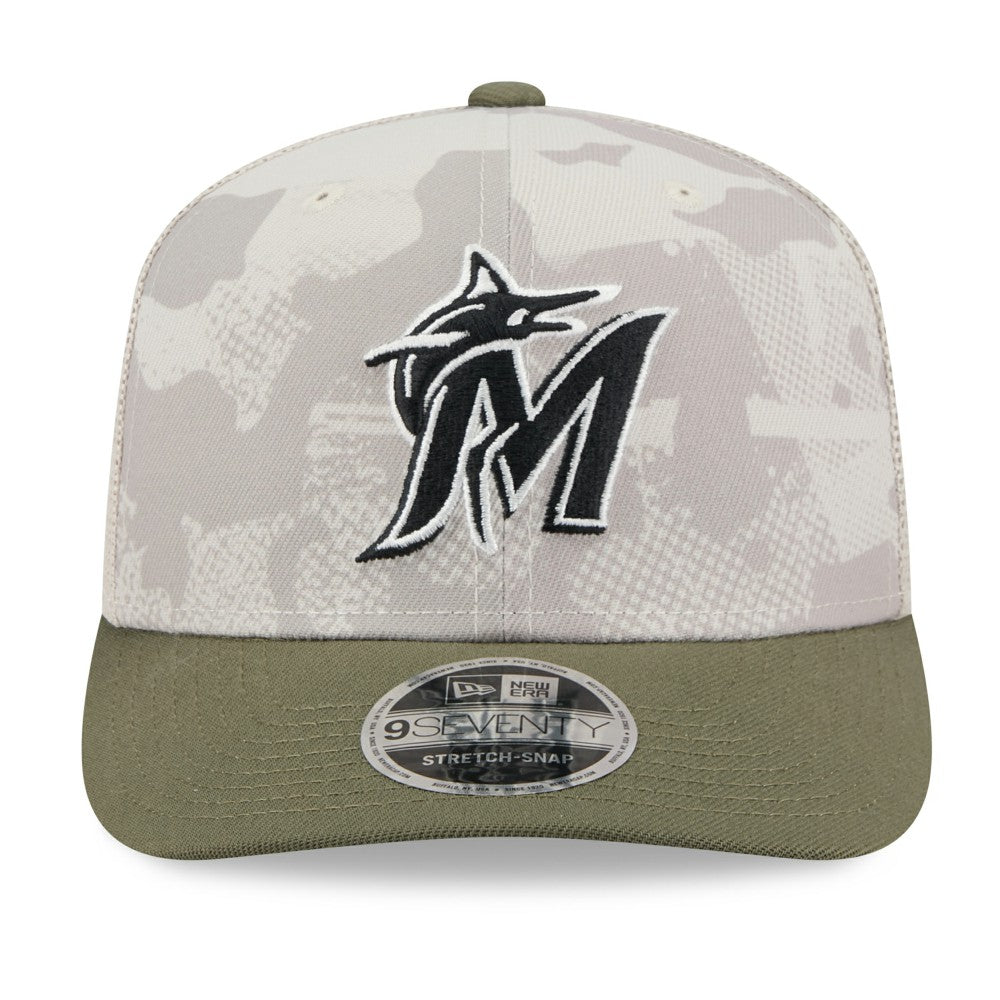 Miami Marlins 2025 Armed Forces Day 9SEVENTY Stretch-Snap Hat Light Beige/Olive