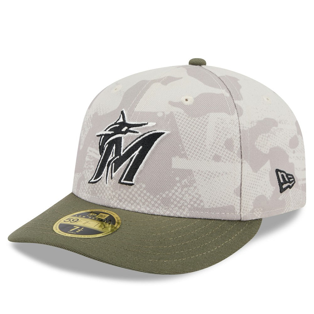 Miami Marlins 2025 Armed Forces Day Low Profile 59FIFTY Fitted Hat Light Beige/Olive