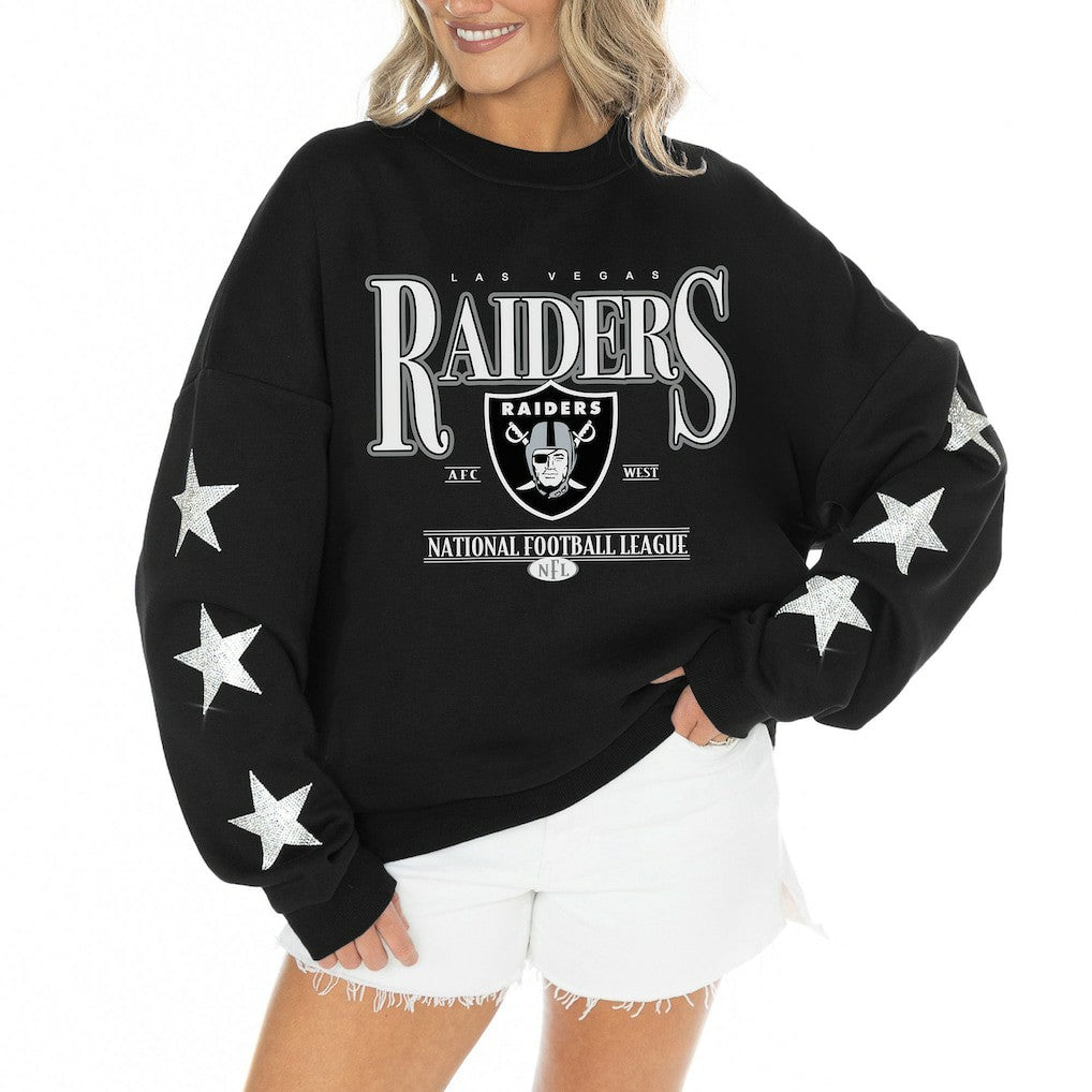 Las Vegas Raiders Gameday Couture Women's Rhinestone Star Sleeve Settle the Score Oversized Tri-Blend Pullover - Black cheap