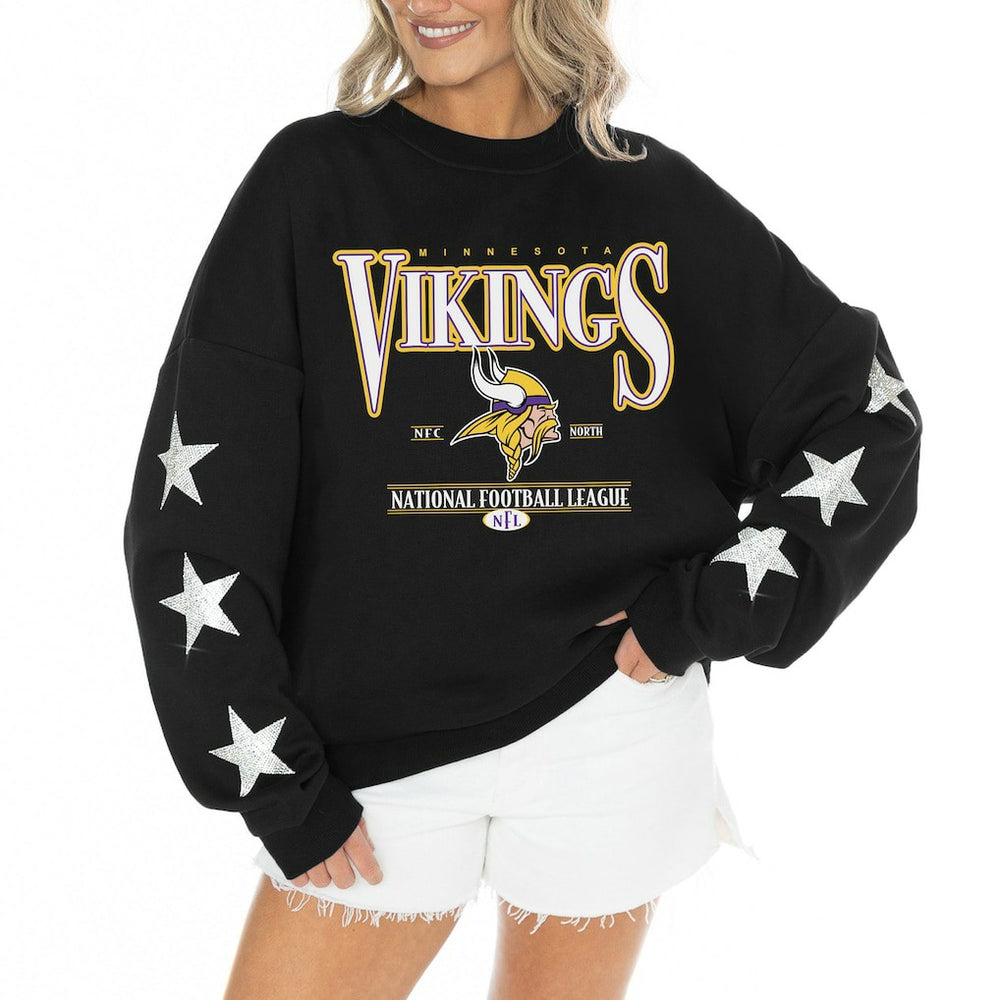 Minnesota Vikings Gameday Couture Women's Rhinestone Star Sleeve Settle the Score Oversized Tri-Blend Pullover - Black sale