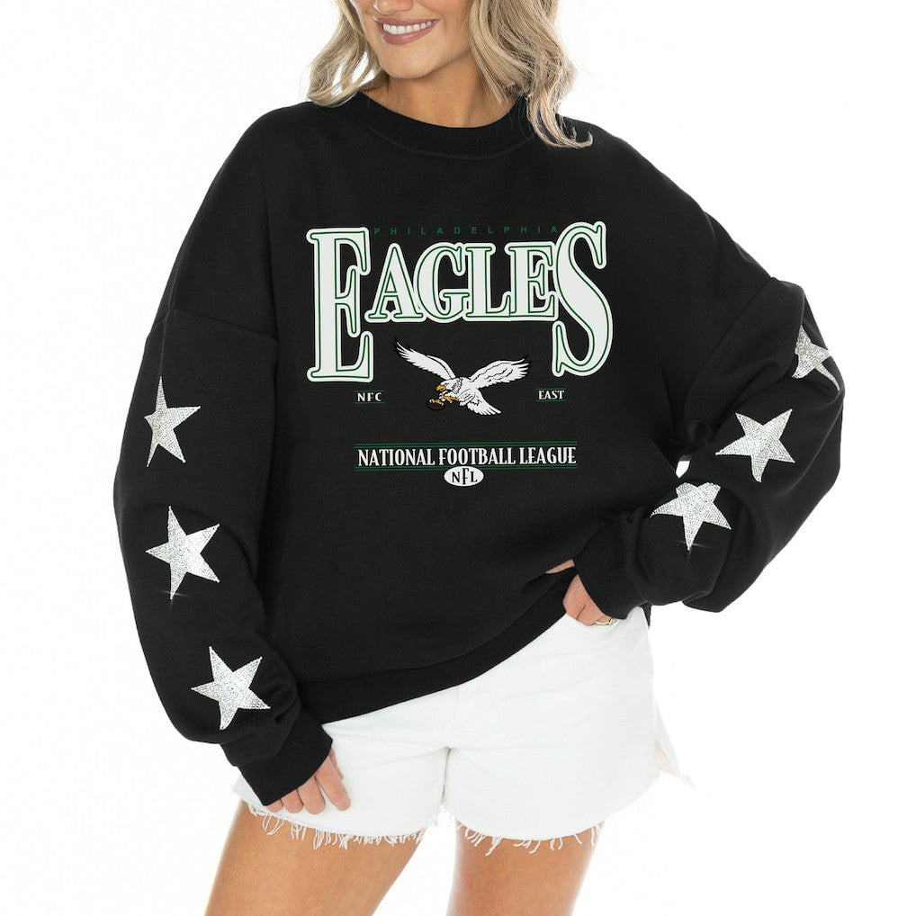 Philadelphia Eagles Gameday Couture Women's Rhinestone Star Sleeve Settle the Score Oversized Tri-Blend Pullover - Black sale
