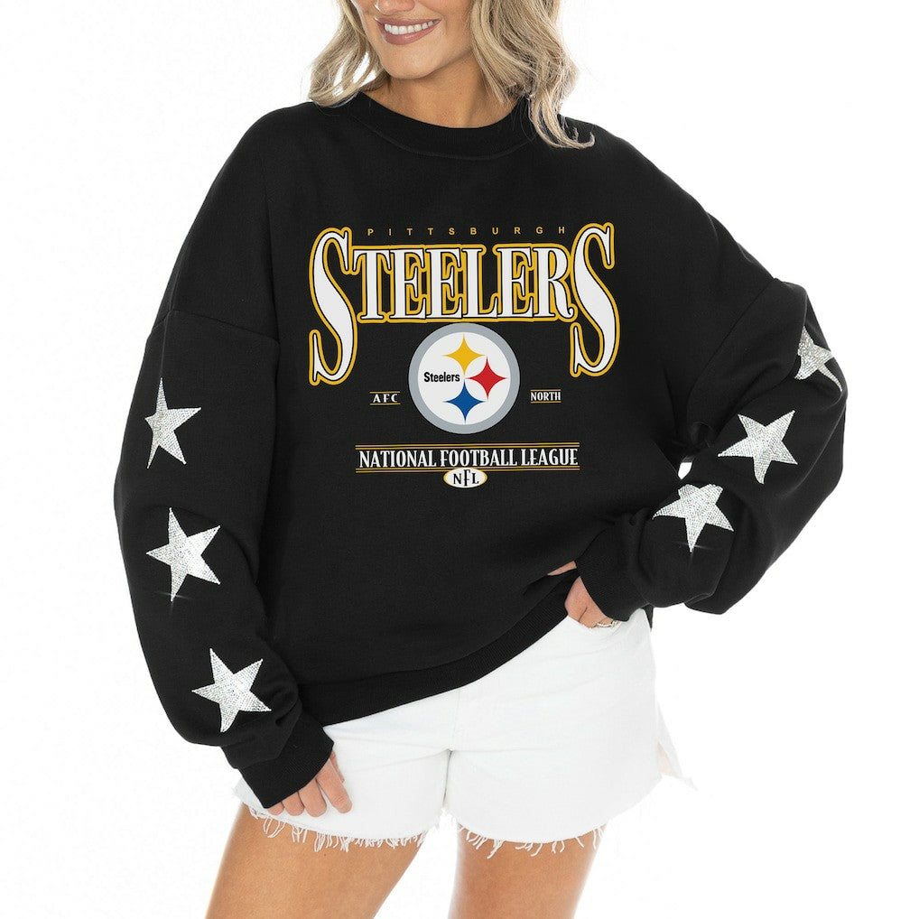 Pittsburgh Steelers Gameday Couture Women's Rhinestone Star Sleeve Settle the Score Oversized Tri-Blend Pullover - Black for sale