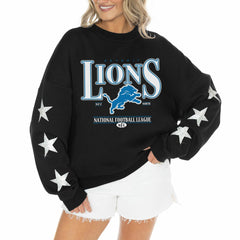 Detroit Lions Gameday Couture Women's Rhinestone Star Sleeve Settle the Score Oversized Tri-Blend Pullover - Black discount