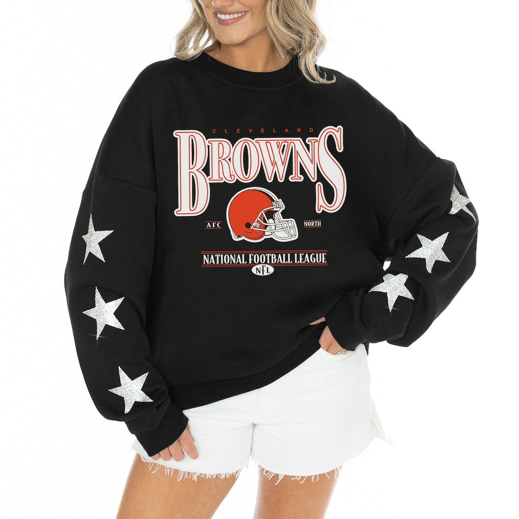 Cleveland Browns Gameday Couture Women's Rhinestone Star Sleeve Settle the Score Oversized Tri-Blend Pullover - Black outlet