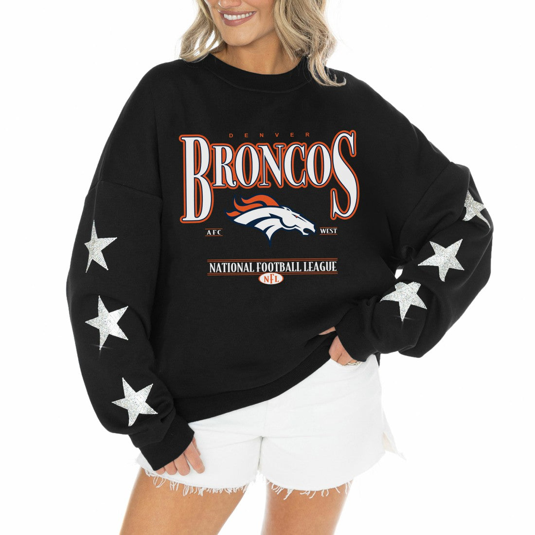 Denver Broncos Gameday Couture Women's Rhinestone Star Sleeve Settle the Score Oversized Tri-Blend Pullover - Black cheap