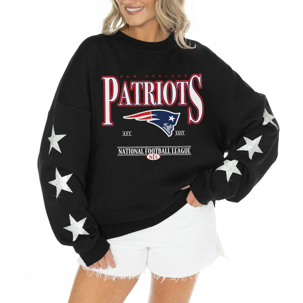 New England Patriots Gameday Couture Women's Rhinestone Star Sleeve Settle the Score Oversized Tri-Blend Pullover - Black on sale