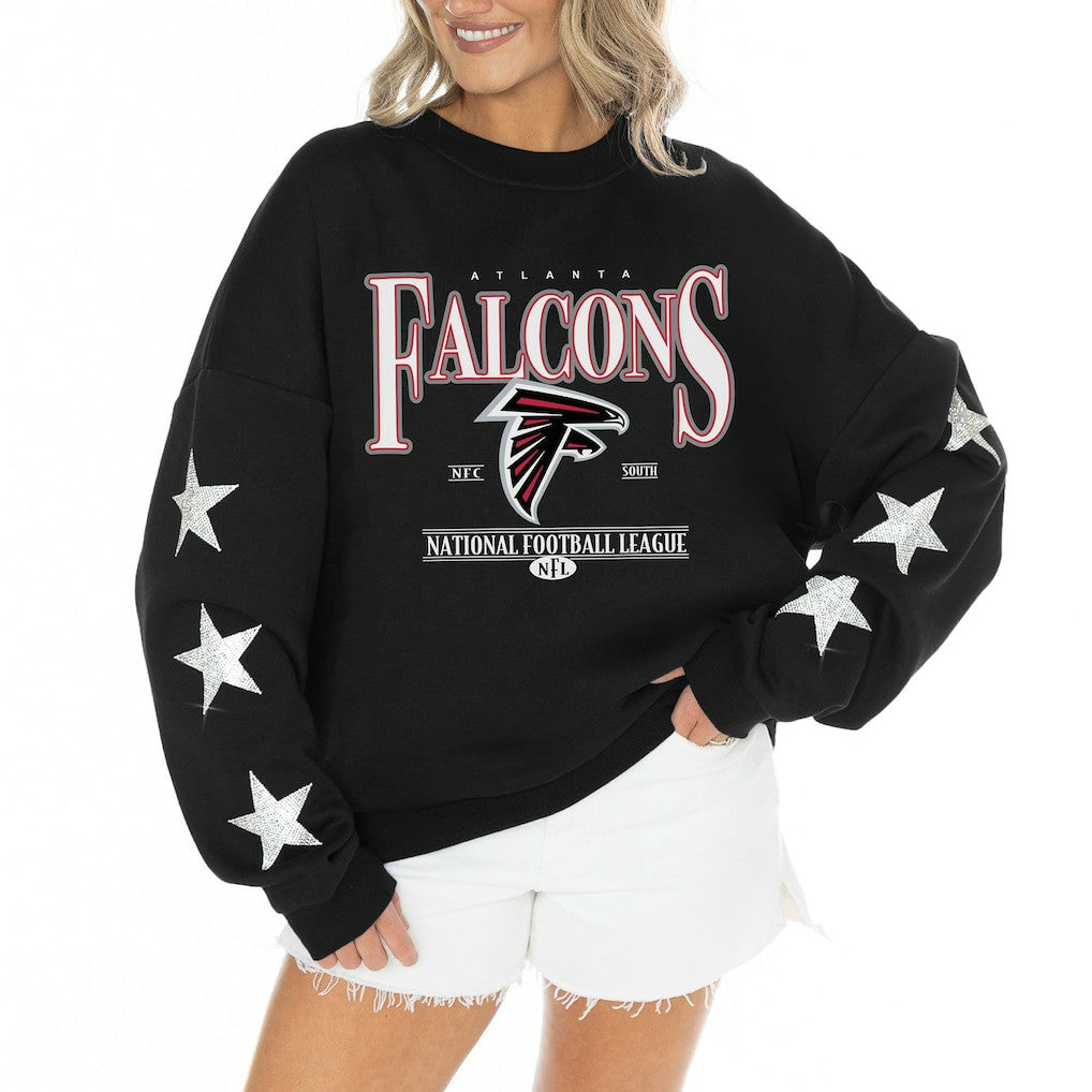 Atlanta Falcons Gameday Couture Women's Rhinestone Star Sleeve Settle the Score Oversized Tri-Blend Pullover - Black for sale