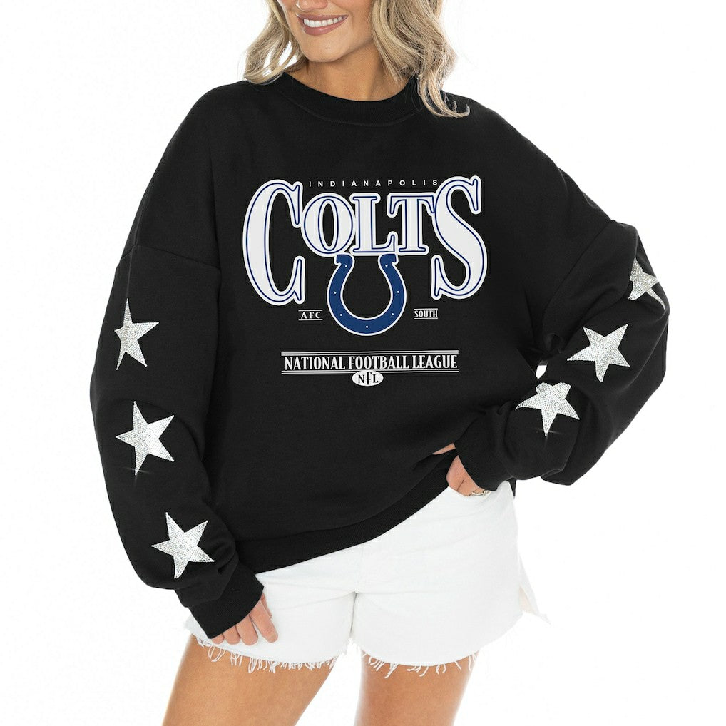Indianapolis Colts Gameday Couture Women's Rhinestone Star Sleeve Settle the Score Oversized Tri-Blend Pullover - Black on sale