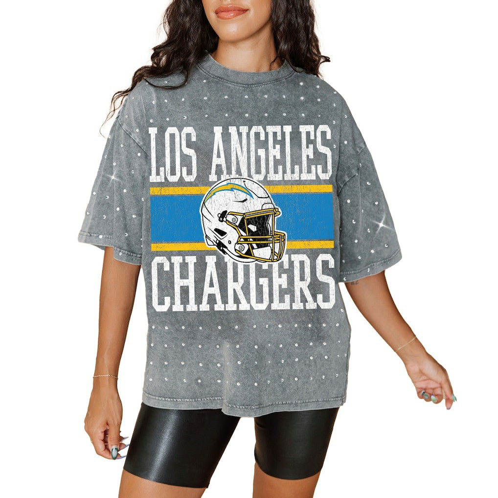 Los Angeles Chargers Gameday Couture Women's Oversized Mini Rhinestone Classic T-Shirt - Gray online