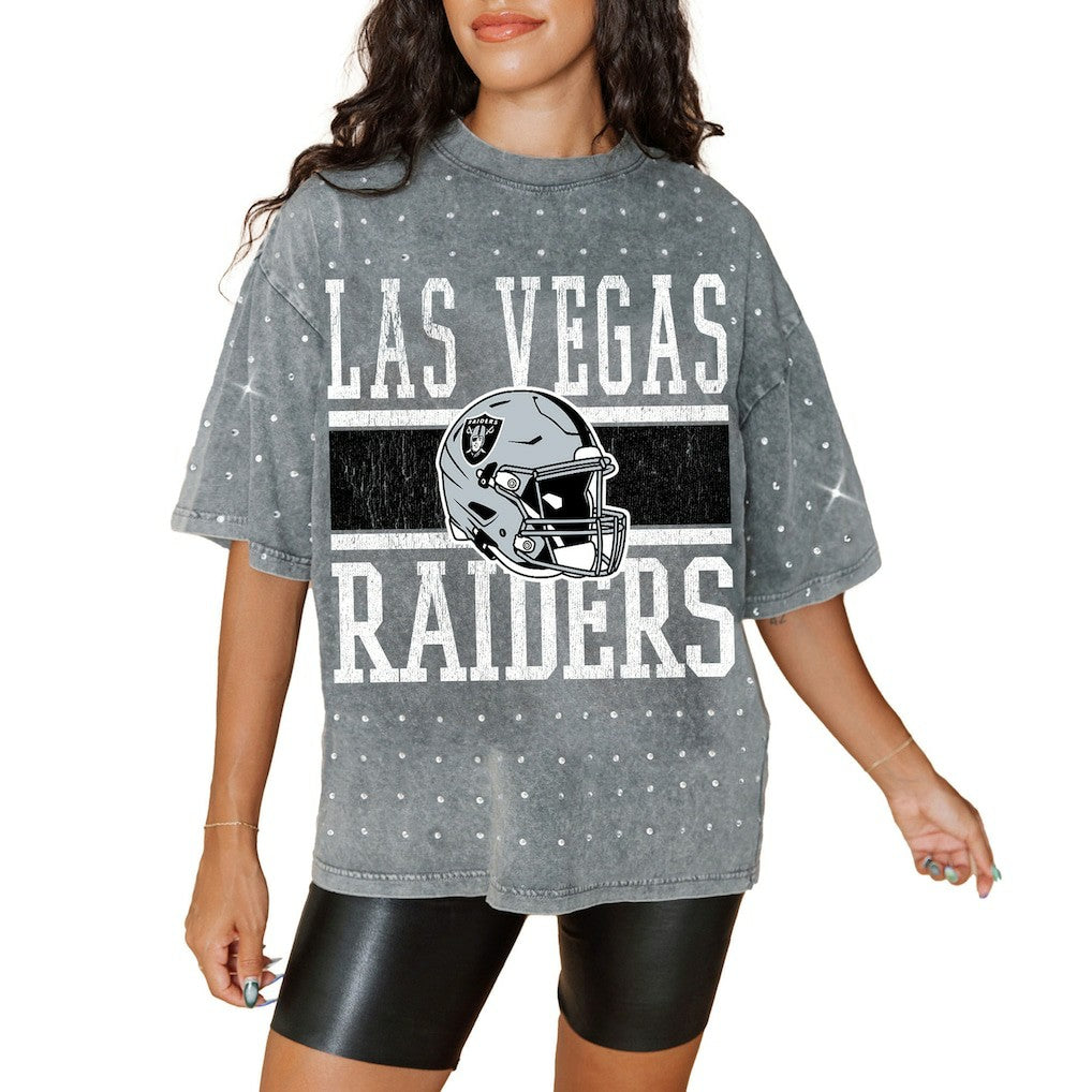 Las Vegas Raiders Gameday Couture Women's Oversized Mini Rhinestone Classic T-Shirt - Gray on sale