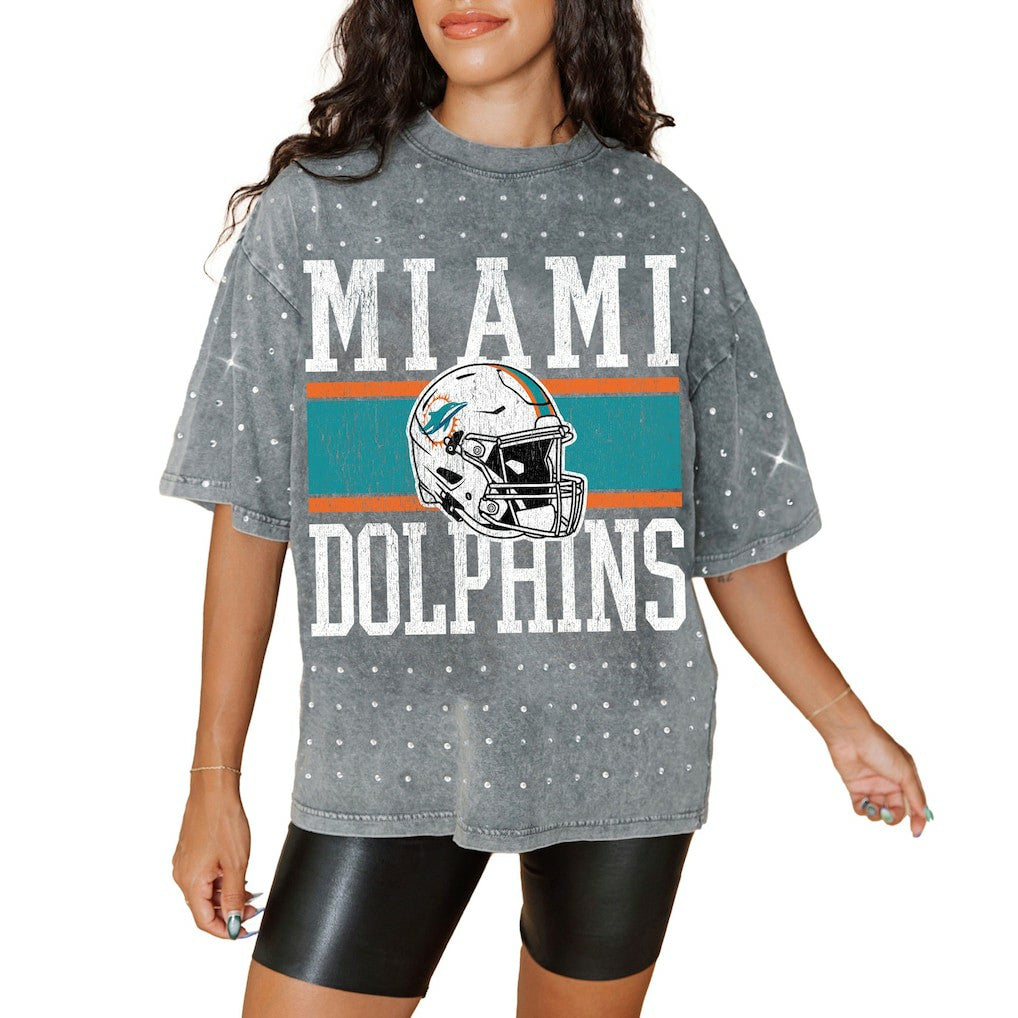 Miami Dolphins Gameday Couture Women's Oversized Mini Rhinestone Classic T-Shirt - Gray for sale