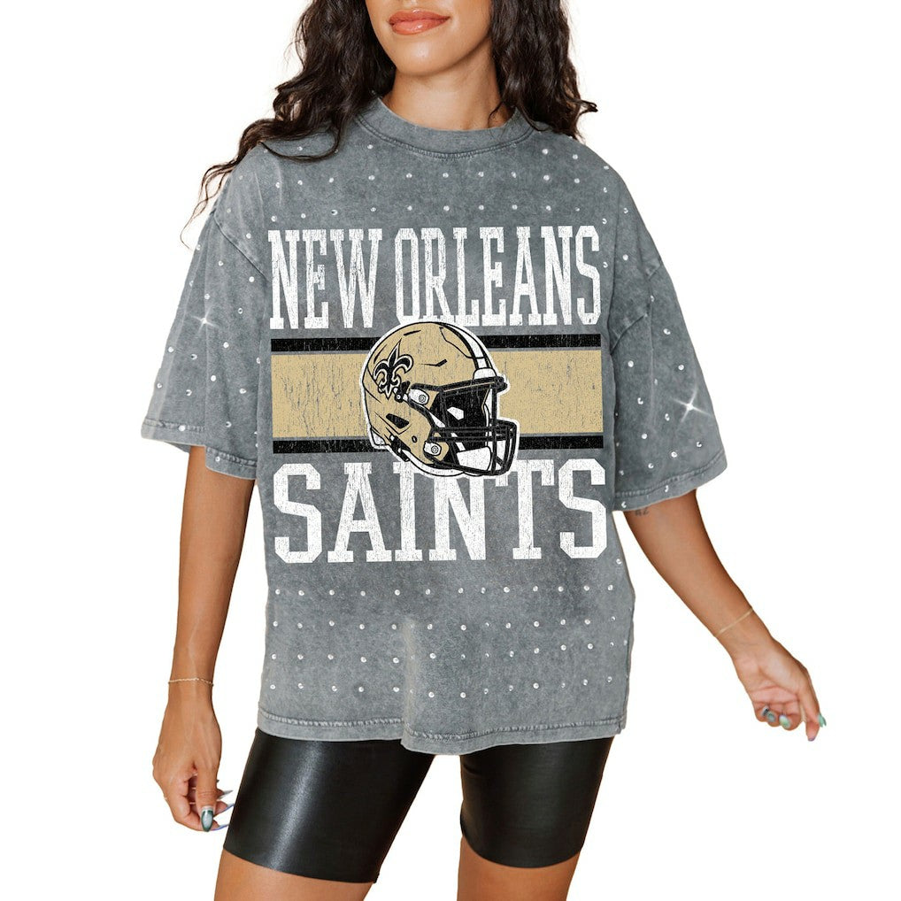 New Orleans Saints Gameday Couture Women's Oversized Mini Rhinestone Classic T-Shirt - Gray outlet