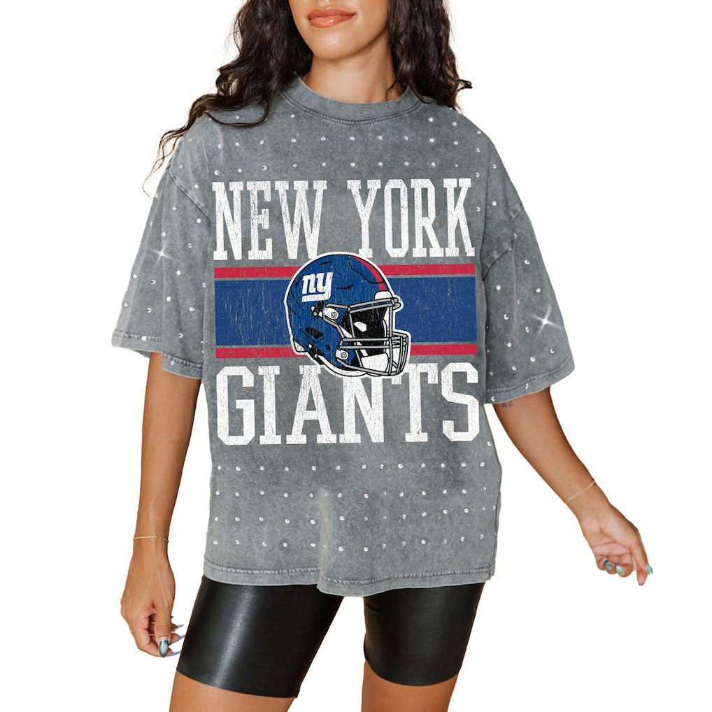 New York Giants Gameday Couture Women's Oversized Mini Rhinestone Classic T-Shirt - Gray for sale